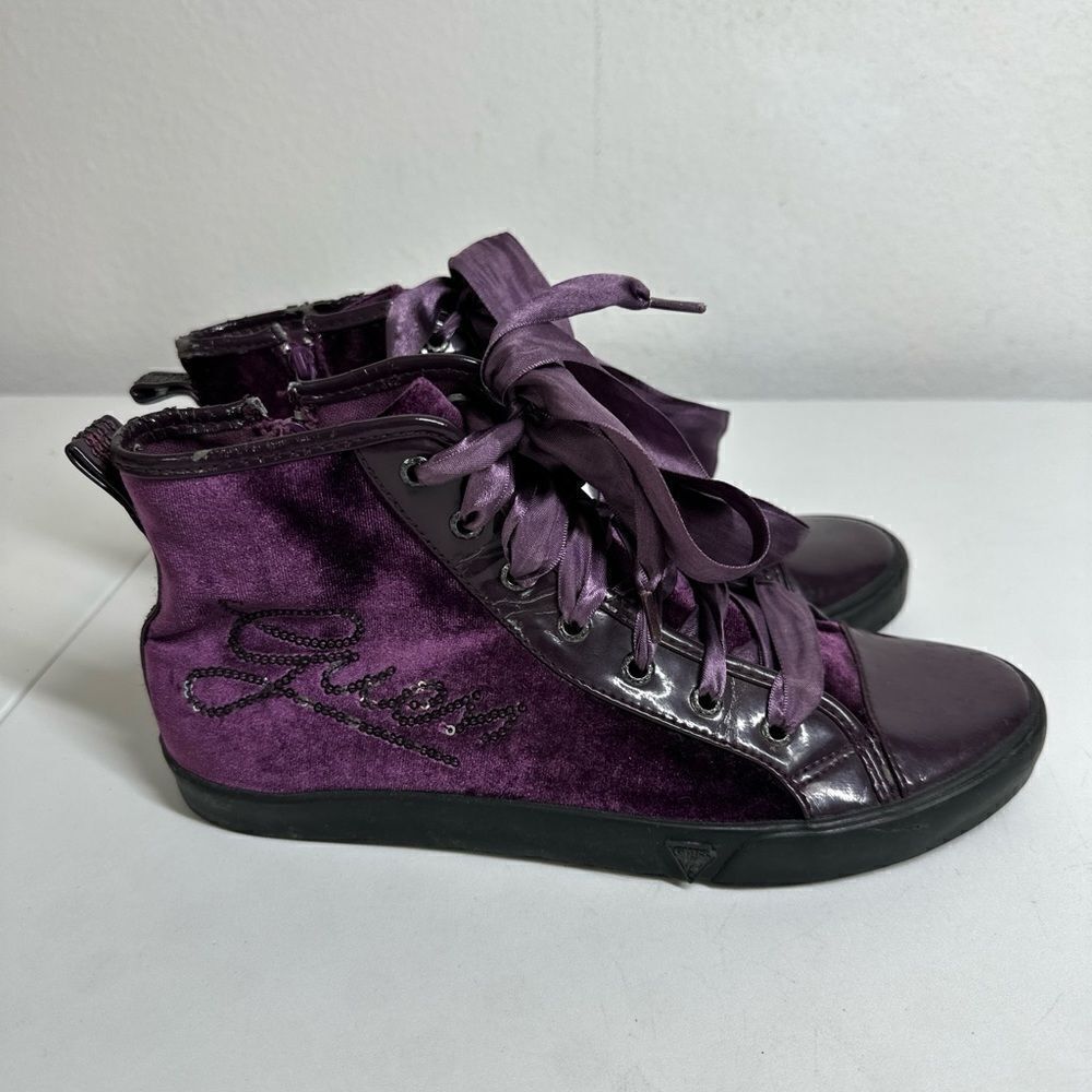 Guess Women's Size 5.5 Lace Up Purple High Top Velour Sequins Logo Sneakers